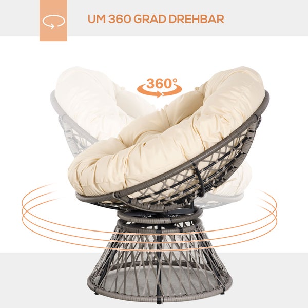 Papasansessel mit grauem Rattangeflecht und beigem Kissen, um 360 Grad drehbar.