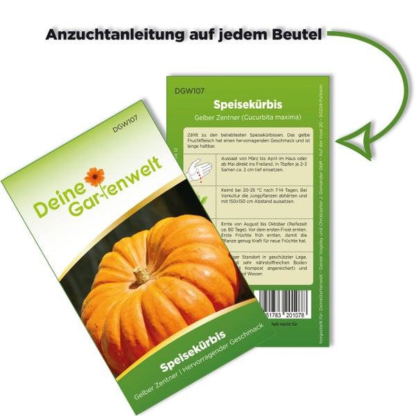 Samentüte Speisekürbis Gelber Zentner von Deine Gartenwelt mit Anzuchtanleitung auf der Rückseite.