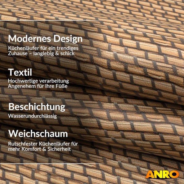 Küchenläufer mit gewebtem Muster, wasserundurchlässiger Beschichtung und rutschfester Weichschaum-Unterseite. ANRO Logo.
