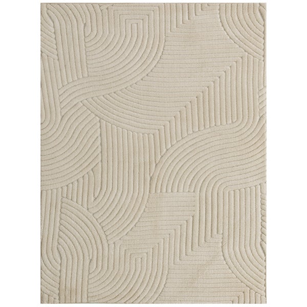 Moderner Teppich in Beige mit strukturiertem 3D-Muster aus geschwungenen und geraden Linien.
