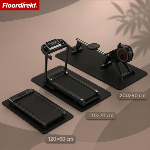 Floordirekt Logo. Drei schwarze Bodenschutzmatten für Laufband und Rudergerät in den Größen 120 mal 60, 130 mal 70 und 200 mal 90 Zentimeter.