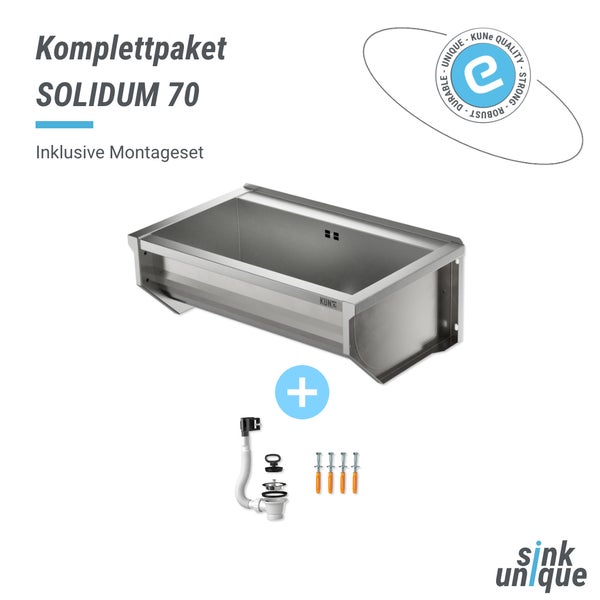 Edelstahl-Ausgussbecken SOLIDUM 70 Komplettpaket mit Montageset, Ablauf und Überlauf. KUNe Qualitätssiegel und sink unique Logo.