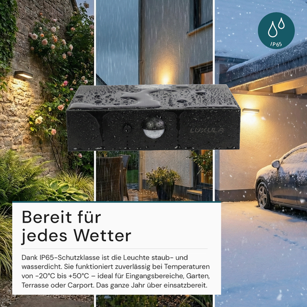 Rechteckige Außenwandleuchte mit Bewegungsmelder, staubdicht und wasserdicht für Regen, Schnee und Temperaturen von minus 20 bis plus 50 Grad Celsius.