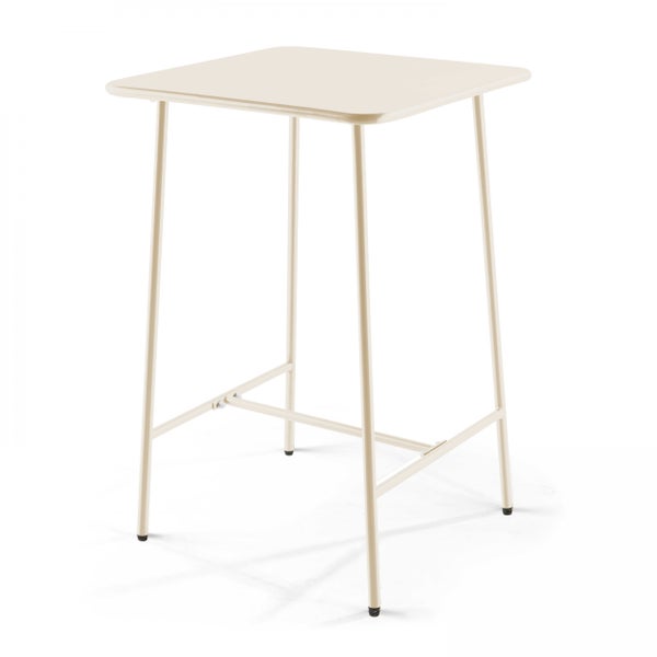 Quadratischer Stehtisch aus beigefarbenem Metall mit Fußstütze.