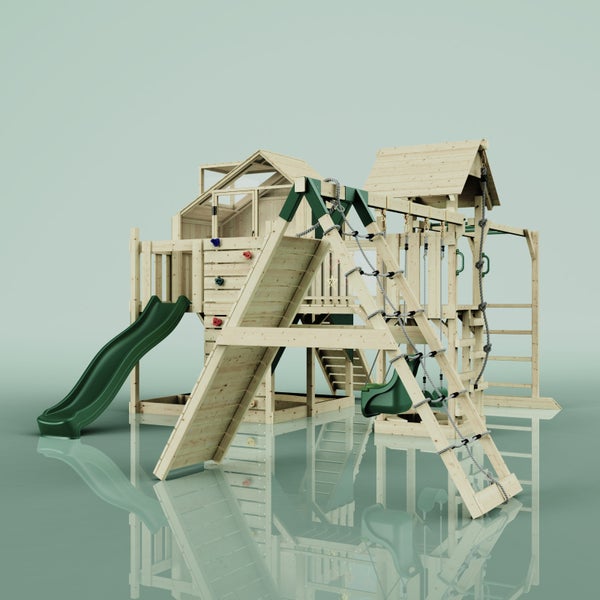 Spielplatz mit Rutsche, Kletterwand, Schaukel und Klettergerüst aus Holz
