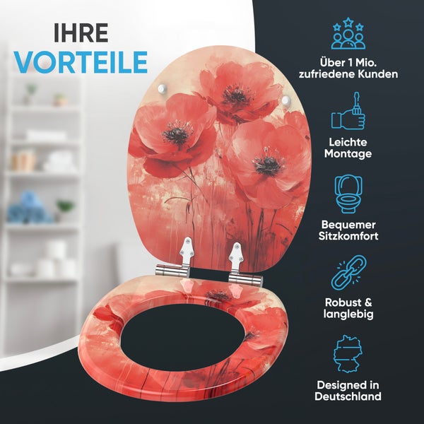 Toilettensitz mit Mohnblumenmotiv und Vorteilsübersicht