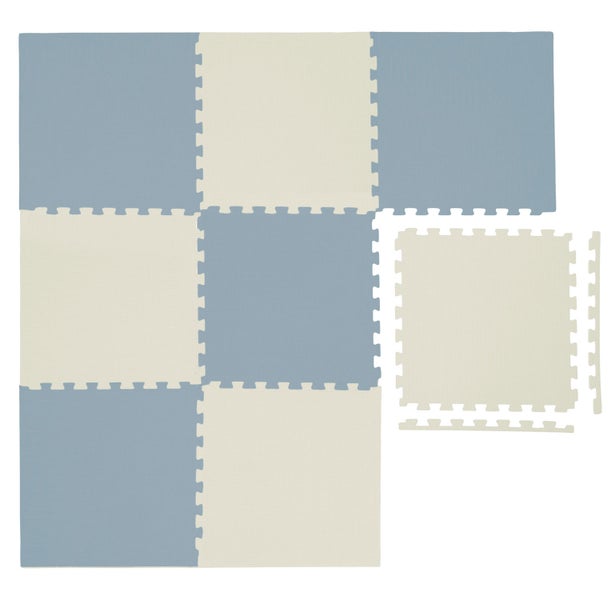 Ineinandergreifende Bodenfliesen aus Schaumstoff in Blau und Creme mit Puzzlerand und Randstücken für Spielzimmer oder Fitnessbereiche.