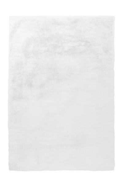 Weißer, rechteckiger Hochflor-Teppich mit weicher Oberfläche.