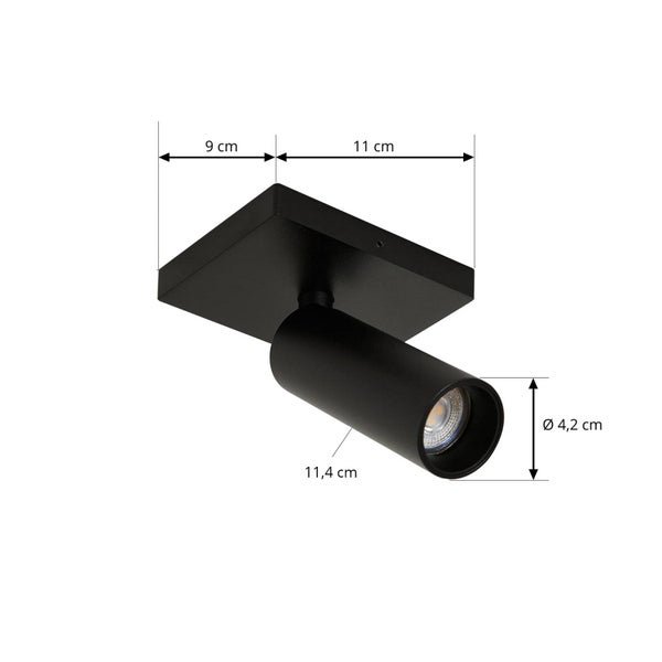 Schwarze Aufbaulampe mit den Maßen 9 cm, 11 cm und 4,2 cm Durchmesser