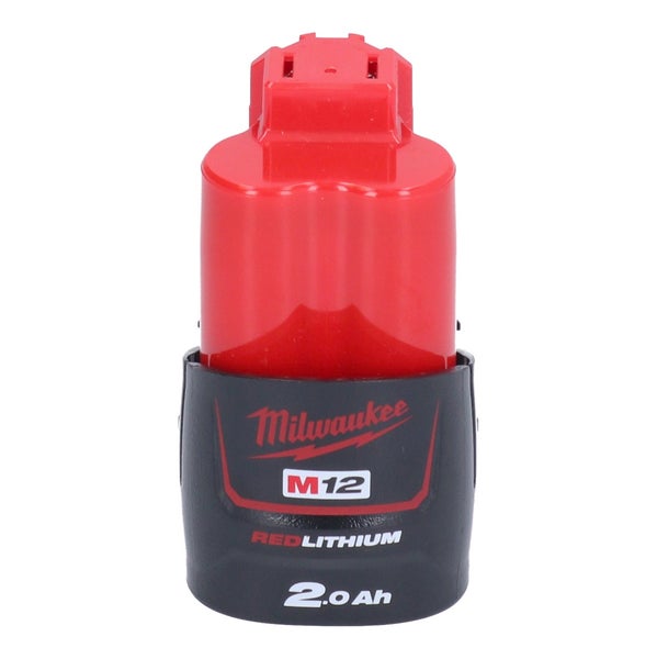 Milwaukee M12 Redlithium Akku 2,0 Amperestunden Lithium-Ionen-Akku für Elektrowerkzeuge in Schwarz und Rot.