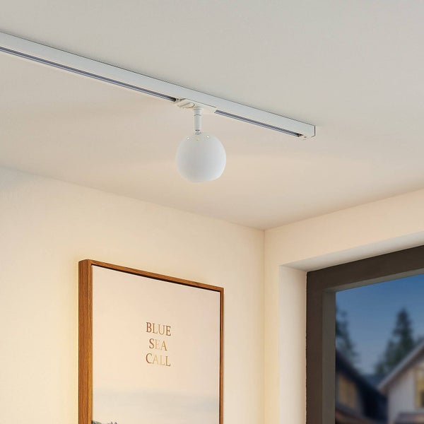 Schienensystem mit einem kugelförmigen Strahler an einer weißen Decke in einem hellen und modern eingerichteten Raum.