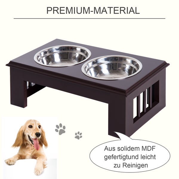 Erhöhte dunkelbraune Futterstation für Hunde aus mitteldichter Holzfaserplatte mit zwei Edelstahlnäpfen, pflegeleicht.