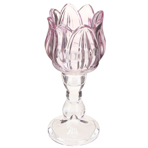 Teelichthalter aus Glas in Tulpenform mit transparentem Stiel und rosa Kelch.