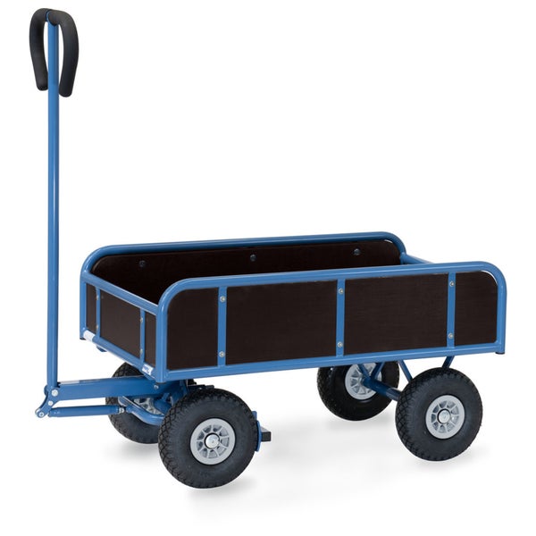 Bollerwagen mit blauem Metallgestell, Holzwänden und Luftbereifung für Transportzwecke.