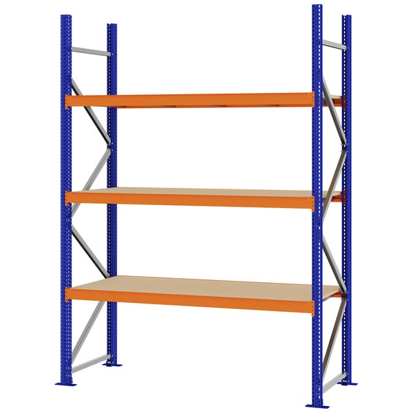 Weitspannregal aus Stahl mit drei Holzböden für Werkstatt und Lager.