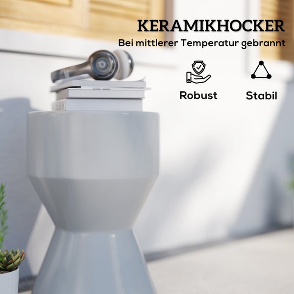 Outsunny Sitzhocker aus Keramik 120kg belastbar Ø33 x 45,5 cm Wetterfest Garten Hocker in Sanduhrform Beistelltisch Blumenhocker Fußhocker für Indoor Outdoor Camping Garten Balkon Hellgrau