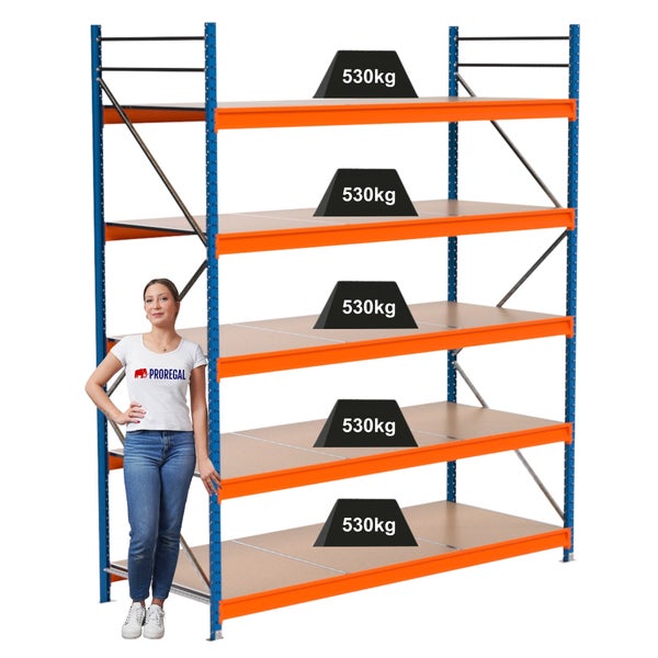 Lagerregal mit fünf Regalböden und einer maximalen Belastbarkeit von 530 Kilogramm pro Boden.