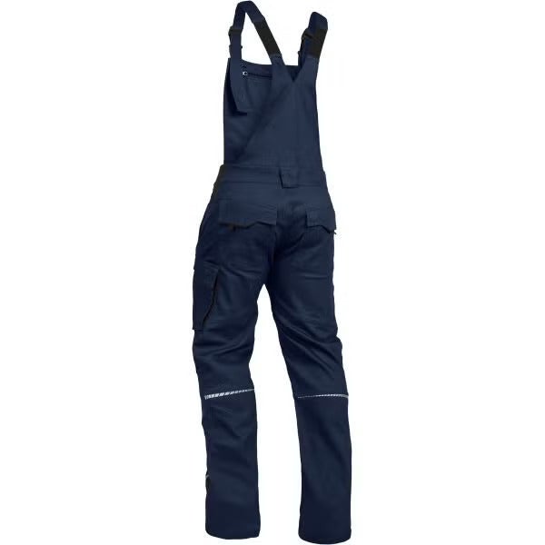 Blaue Arbeitshose mit Latz, verstellbaren Trägern und mehreren Taschen, Rückansicht.