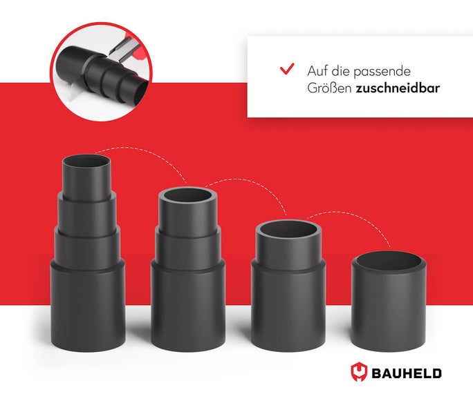 Vier schwarze Staubsauger Adapter mit der Information: auf die passende Größen zuschneidbar