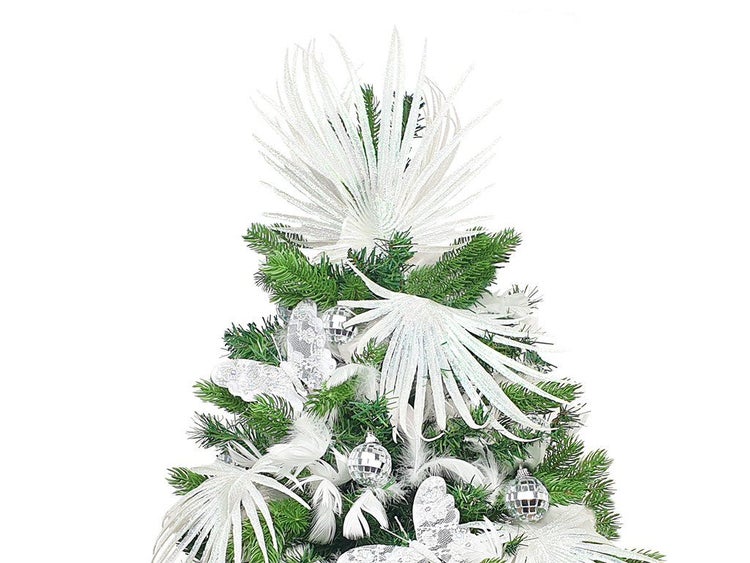 Weihnachtsbaumspitze in Fächeroptik und künstliche Weihnachtsbaumbefestigung mit Palmwedeln und Schmetterlingen zur Dekoration