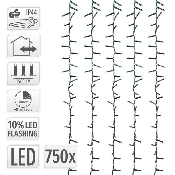 LED Lichterkette mit 750 LEDs, 1500 Zentimeter Länge, IP44 Schutzart für den Innen und Außenbereich mit 8 Stunden Timer und Blinkfunktion.