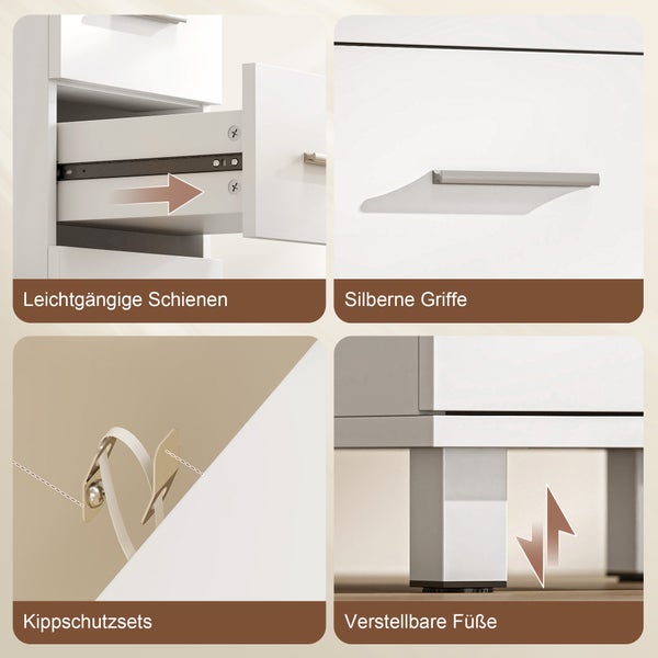 Detailansicht einer weißen Kommode mit leichtgängigen Metallschienen, silbernen Griffen, einem Kippschutzset und höhenverstellbaren Füßen.