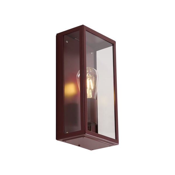 Rechteckige dunkelrote Außenwandleuchte aus Metall und Glas mit sichtbarem Leuchtmittel.