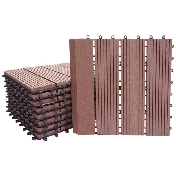 Stapel braune Klickfliesen aus Holz-Kunststoff-Verbund mit gerillter Oberfläche und schwarzem Kunststoff-Klicksystem für Terrasse und Balkon.