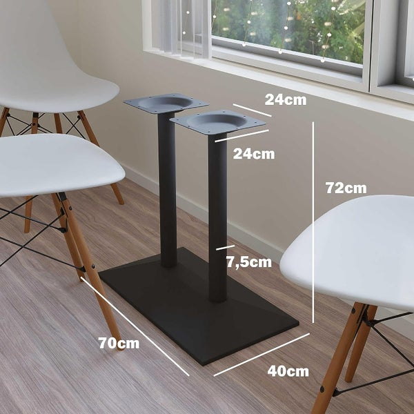Tischgestell mit zwei runden Säulen und rechteckiger Bodenplatte, Metall, Maße inklusive Bemaßungsangaben für Esstisch oder Bistrotisch