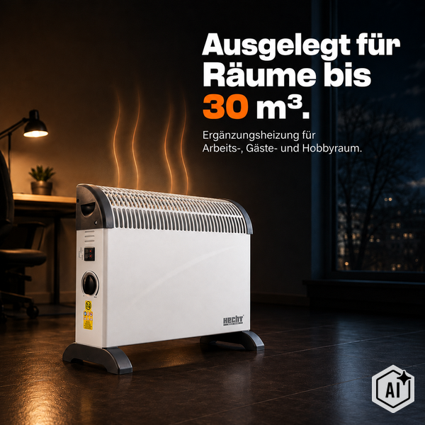 Hecht Konvektor Heizgerät für Räume bis 30 Kubikmeter als Zusatzheizung für Arbeits oder Hobbyraum auf dem Boden stehend