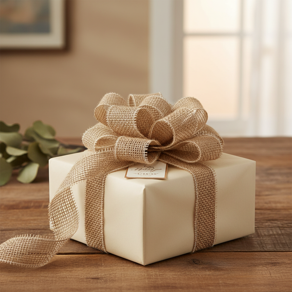 Geschenkbox verpackt in cremefarbenem Papier mit einer großen Schleife aus Juteband auf einem Holztisch.
