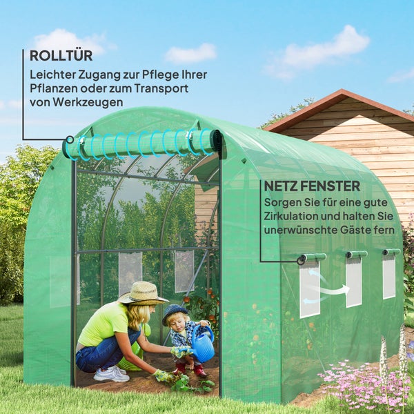 Outsunny Gewächshaus Foliengewächshaus mit 6 Fenster, Rolltür, Aufrollbar Seitenwänden, UV-beständiger Folientunnel, Winterfest Tomatenhaus mit Erdanker, Grün