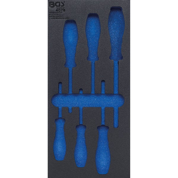 Grau-blaue Schaumstoffeinlage für 6 Schraubendreher, Werkstattwageneinlage, BGS Technic Logo.