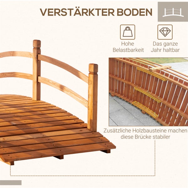 Outsunny Gartenbrücke 1,85 m Holzbrücke begehbar Holzsteg Teichbrücke Zierbrücke mit Geländer bis 200 kg Massivholz Orange