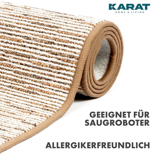 Gestreifter, gewebter Teppich, geeignet für Saugroboter und allergikerfreundlich. Karat Home und Living Logo.