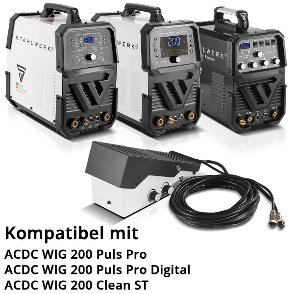 STAHLWERK Schweißgeräte ACDC WIG 200 Puls Pro, ACDC WIG 200 Puls Pro Digital und ACDC WIG 200 Clean ST mit Fußpedal
