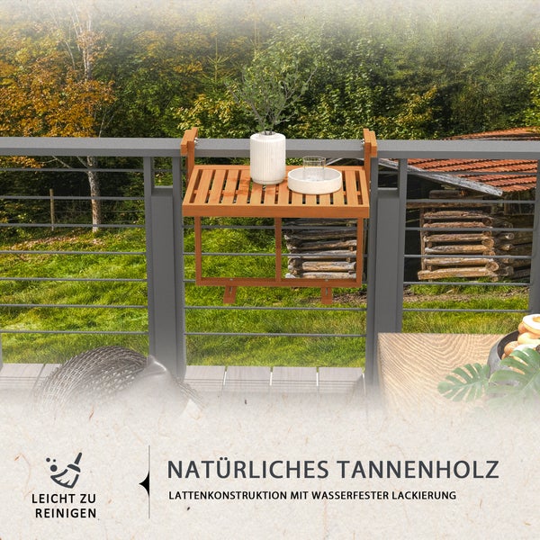 Outsunny Balkontisch zum Einhängen, klappbar Balkonhängetisch, höhenverstellbar Hängetisch, bis 20 kg belastbar, für Terrasse, Garten, Kiefer, 68 x 65 cm, Teak