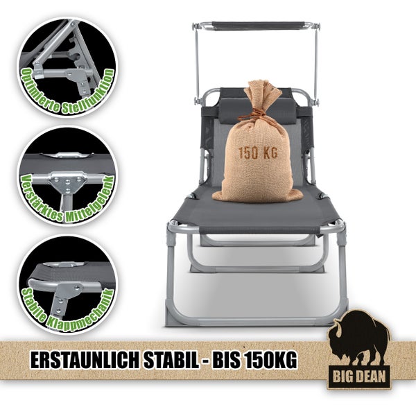Graue Campingliege mit einem Sack mit der Aufschrift 150 kg und Big Dean Logo