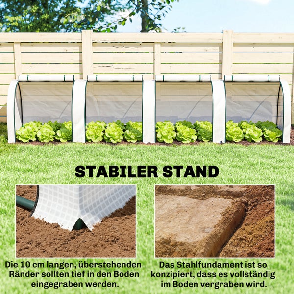 Folientunnel für Hochbeete mit detaillierter Darstellung der Montage und Einbettung im Gartenboden zur Stabilisierung.