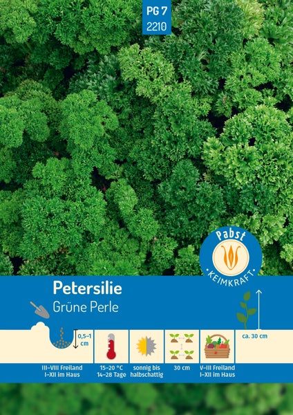 Samenpackung für Petersilie Grüne Perle mit Pabst Keimkraft Logo und Hinweisen zu Aussaat, Standort und circa 30 Zentimeter Wuchshöhe.