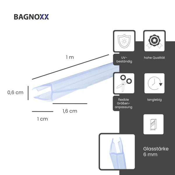 BAGNOXX Logo. Transparente Duschdichtung, Länge 1 Meter, Glasstärke 6 Millimeter. Ultraviolett-beständig, hohe Qualität, anpassbar und langlebig.
