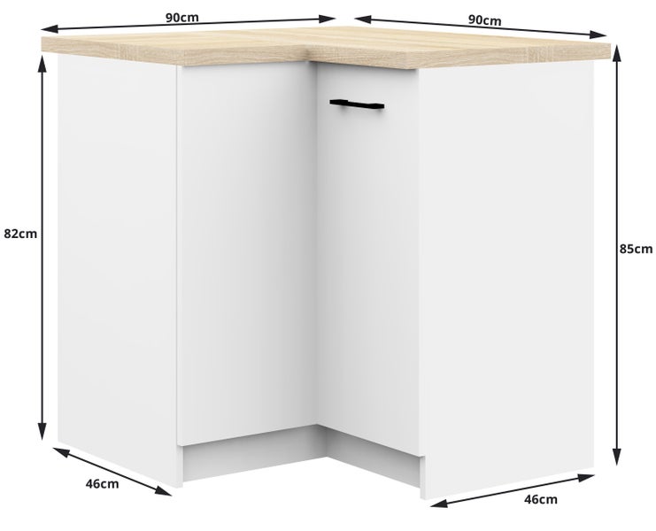Eckunterschrank mit Arbeitsplatte und Maßangaben