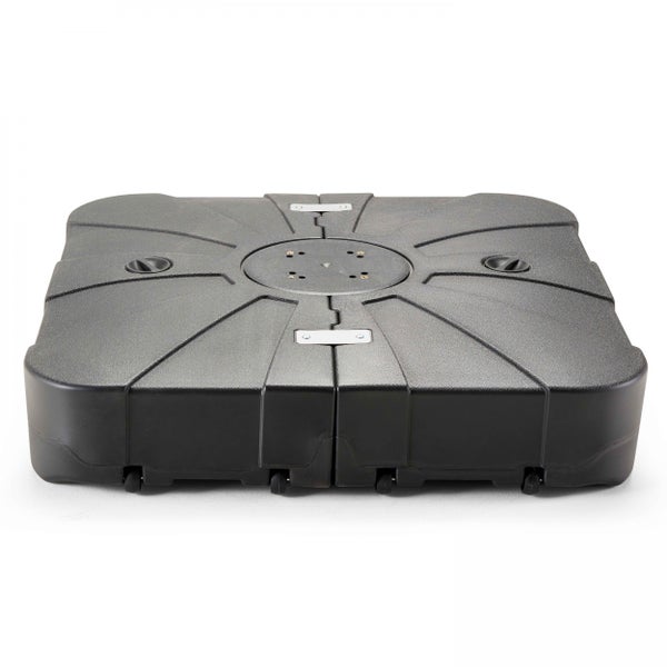 Quadratischer Sonnenschirmständer aus Kunststoff mit Rollen, fahrbar.