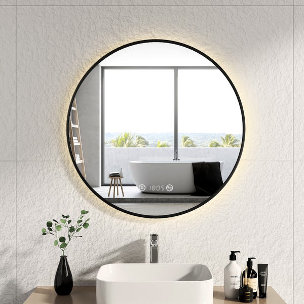 EMKE Badspiegel mit Beleuchtung ф70cm, runder LED-Spiegel mit Touchschalter und Uhr, Badspiegel mit schwarzen Rahmen, Neutralweiß