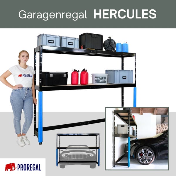 Proregal Garagenregal Hercules mit Holzböden, über einem Personenkraftwagen montiert und mit Boxen sowie Kanistern beladen. Proregal Logo.
