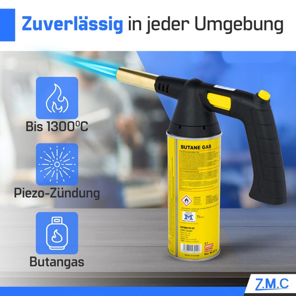 Z.M.C Gasbrenner 1,5 kW + 24 Gaskartuschen, mit Piezo-Zündung, Flambierbrenner bis zu 1300°C, Bunsenbrenner Lötbrenner, Küchenbrenner mit einstellbare Flamme, Gasanzünder Brenneraufsatz für Camping