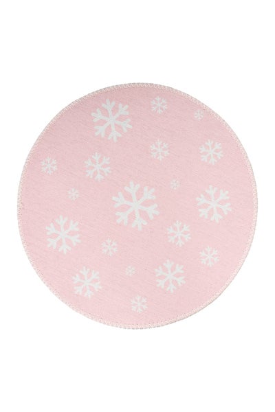 Rundes Platzset in Rosa mit weißen Schneeflocken und geketteltem Rand.