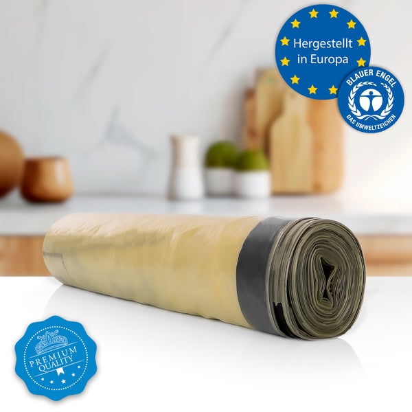 Rolle Müllbeutel mit den Siegeln Hergestellt in Europa, Blauer Engel und Premium Qualität