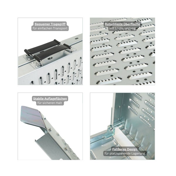 Klappbare Metallauffahrrampe mit Tragegriff, rutschfester gelochter Oberfläche, stabilen Auflageflächen und faltbarem Design für die Lagerung.