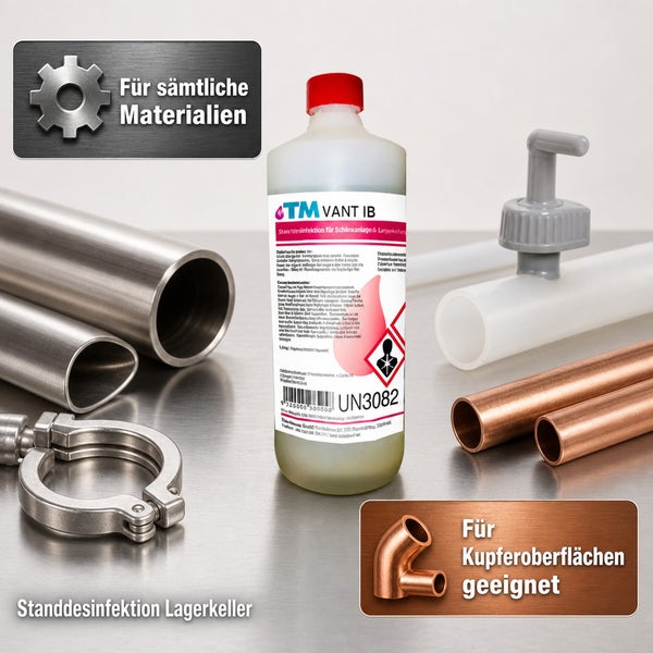 TM VANT IB Standdesinfektionsmittel für Schankanlagen und Lagerkeller, geeignet für verschiedene Materialien und Kupferoberflächen.
